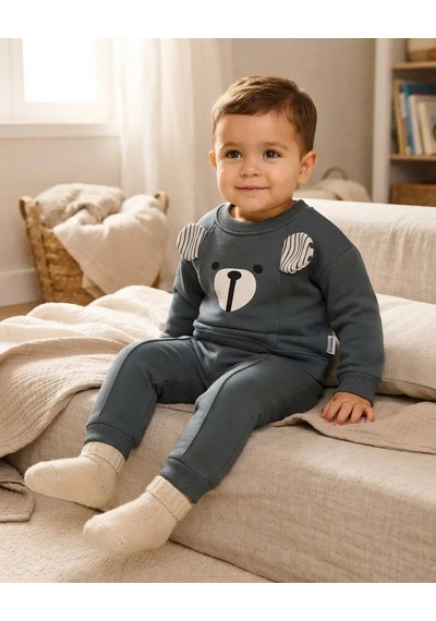Minaminokids Alt Üst Takım Erkek Bebek Füme Renk Kışlık Baskılı Ayı Detaylı