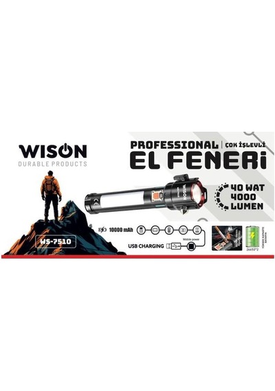Wison 4000 Lümen 40 Watt Çok Fonksiyonlu Profosyonel Kampçı El Feneri Ws-7510 Siyah