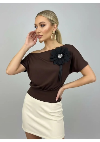 Park Karon 26036 Kadın Kayık Yaka Taş İşleme Aplikeli Penye Bluz Kahve