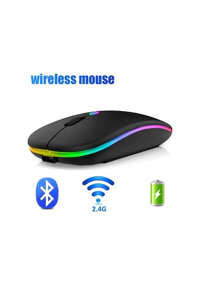 Plentiful Rgb Işıklı Şarjlı Kablosuz 2.4g+bluetooth Mouse Sessiz Siyah