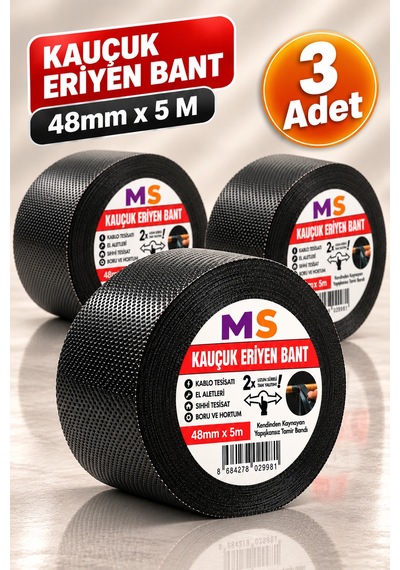 3 Adet Kauçuk Eriyen Bantı Siyah 48 Mm X 5 Metre Elektrikçi Kablo Boru Hortum İzolasyon Tamir Bandı