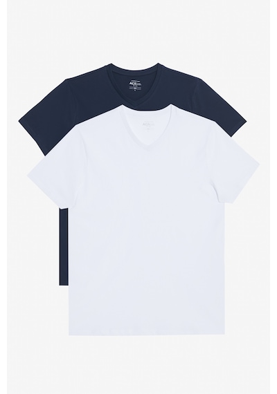 AC&Co / Altınyıldız Classics Erkek Beyaz-lacıvert 2'li Slim Fit Dar Kesim V Yaka Tişört Beyaz - Lacivert