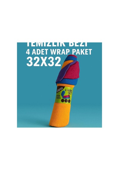 Pratik Mikrofiber Temizlik Bezi 4'lü Wrap Dürüm Paket 32x32 Sarı-mavi-mor