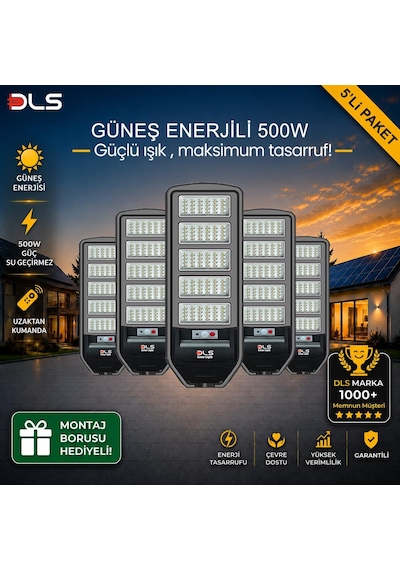 5'li Paket Dls 500w Güneş Enerjili Solar Sokak Lambası Hareket Sensörlü Led Bahçe Aydınlatması