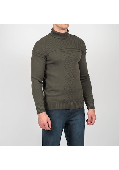 Erkek Tam Boğazlı Örgü Desenli Slim Fit Kazak Ncs Jeans 3659-Haki