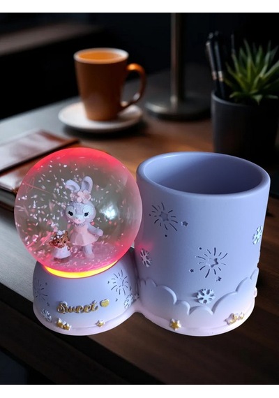 Tavşan Figürlü 15cmx10cm Ebat Pilli Işıklı Dekoratif Kar Küre Kalemlik 15cm X 10cm