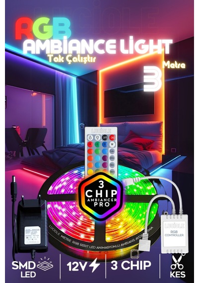 Tv Arkası Yatak Çocuk Odası Mutfak Salon Rgb Şerit Led Tak Çalıştır Kumandalı 3 Metre Animasyon