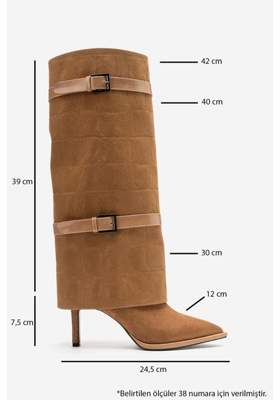 Luvi Shoes Pıen Taba Süet Baskı Sivri Burun Kadın İnce Topuklu Çizme