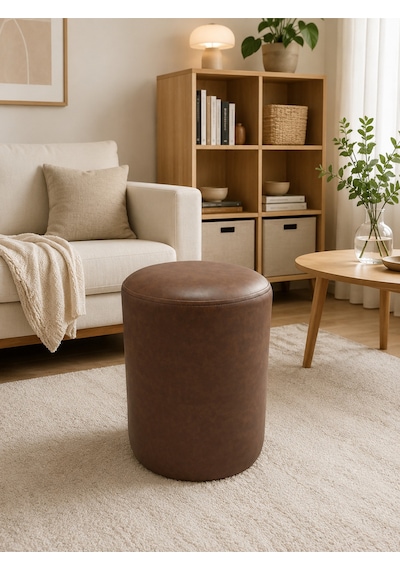 Acı Kahve Deri Puf 40x45 Cm Silindir Tasarım Dekoratif Oturma Pufu Salon Yatak Odası Antre Kahverengi