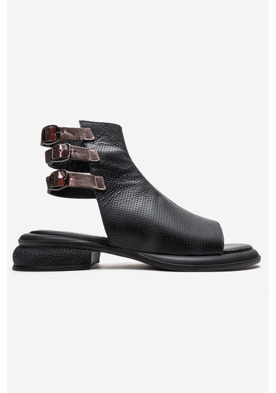 Luvishoes Carına Siyah Cilt Hakiki Deri Yandan Fermuarlı Kadın Sandalet