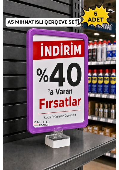 5 Adet - A5 Mıknatıs Tutuculu Fiyatlık Etiketlik Dikey Yatay Ve Bilgilendirme Çerçevesi Mor 1