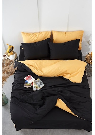 Pamuklu Ranforce Tek Kişilik Çift Taraflı Nevresim Yorgan Kılıfı 160x220 Siyah-sarı