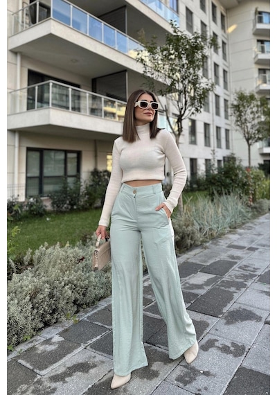 WeShaya Kadın Mint Yüksek Bel, Cepli, Bol Paça Pantolon Mint