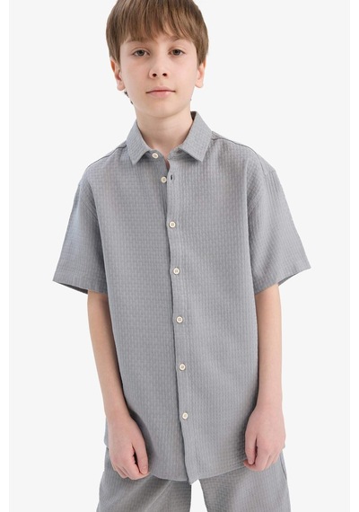 Defacto Erkek Çocuk Regular Fit Polo Yaka Dokulu Kısa Kollu Gömlek E7003a825hsgr265 Gri
