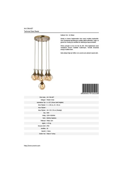Avonnı Av-60161-6et Eskitme Kaplama Modern Avize, E27, Metal, Cam, 50cm Diğer