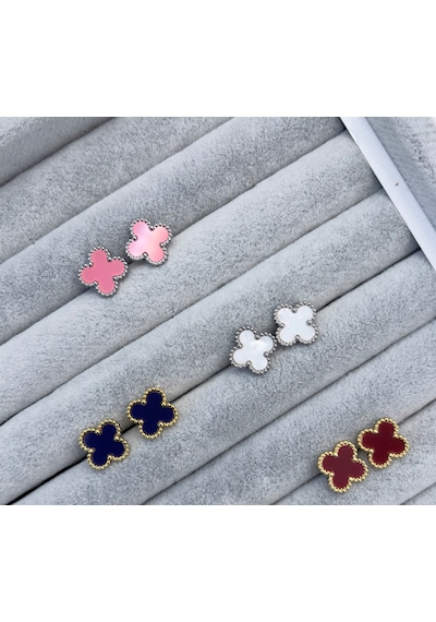 Çelik Yonca Küpe Renkli Mineli Gold Kadın Küpe 1 Cm Minimal Günlük Küpe Pembe