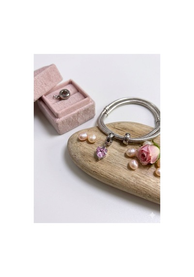 Pembe Taşlı Kalp Gümüş Charm - Romantik Kalp Bileklik Ve Kolye Tılsımı Çok Renkli