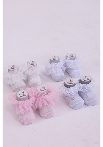 Burçak Çorap Soft Yıkamalı Kız Bebek Çorabı - Tül Ve Güpür Detaylı Pamuklu Model 4'lü Çok Renkli