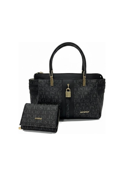 Just Polo Kadın Lüks El & Omuz Çantası Gold Detaylı Özel Tasarım Çanta Ve Uyumlu Cüzdan 22x28 Cm Siyah