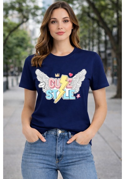 Herkesemoda Cute Stayle Baskı Detaylı Basic T-shırt Lacivert