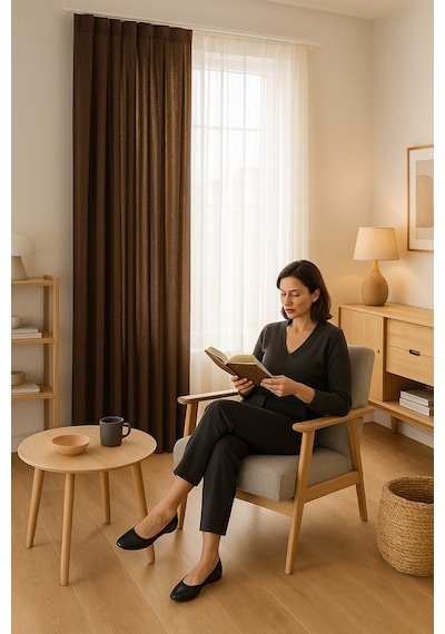 Modern Doğal Kumlama Efektli Kalın Tül Perde Salon Oturma Odası Yatak Odası Antre Kahverengi