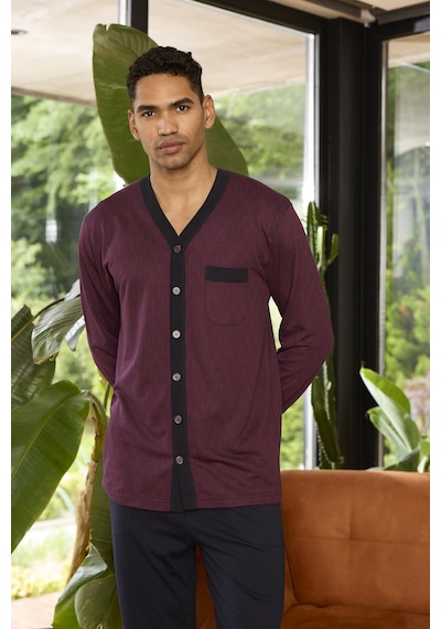 Kly 9252 Erkek V Yaka 4 Mevsim Boydan Düğmeli Uzun Kollu Pijama Takım Bordo