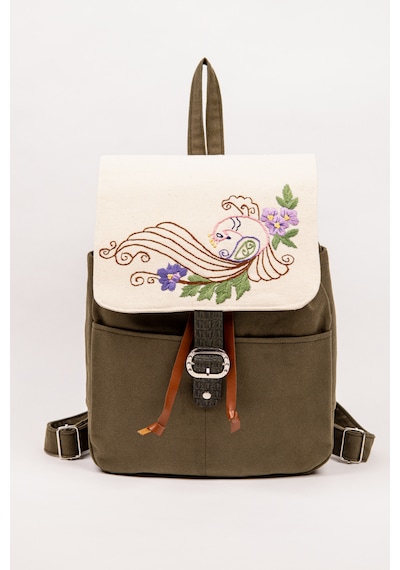 Fabric Craft Bag Sırt Çantası Kadın Nakış İşlemeli Kanvas Astarlı Haki 30x38 Cm