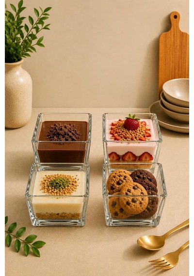 4 Adet Viana Çok Amaçlı Kare Magnolia Cup Tatlı Çerez Dondurma Kasesi 8x8 Cm