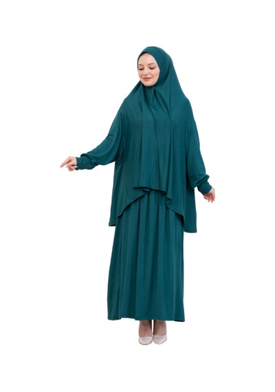 Modish Group İki Parça Namaz Elbisesi Uzun Pamuklu Tesettür Giyim Abaya & Başörtüsü Set Zümrüt
