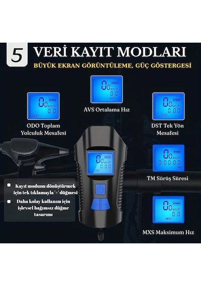 Greatech Şarjlı Bisiklet Lcd Hız Göstergesi Su Geçirmez Led Işık Km Ekran Kronometre Bisiklet Kornası Feneri Siyah - Mavi