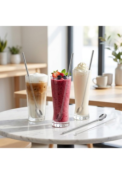 5 Parça Karıştırıcı Kaşıklı Paslanmaz Çelik Pipet Seti, 4 Adet Kaşıklı Metal Pipet Ve Temizleme Fırçası, Soğuk Kahve, Smoothie, Milkshake, Limonata, Kokteyl Ve İçecek Sunumu İçin