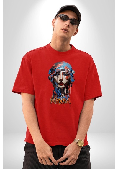 Khansa Eşarp Kadın Tasarımı Pamuklu Bisiklet Yaka Unisex Oversize Boyfriend Dijital Baskılı Kırmızı T-shirt Kırmızı