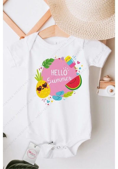 Hediyenza Hello Summer Özel Tasarım Bebek Zıbın Pamuklu Çıtçıtlı Body Beyaz