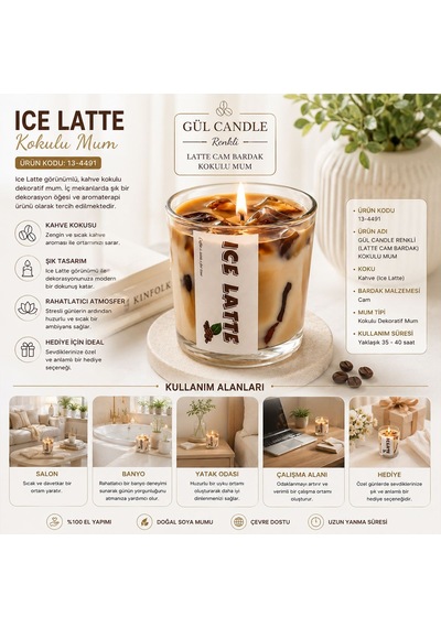 Gül Kokulu Latte Aromalı Cam Bardak Mum Çok Renkli