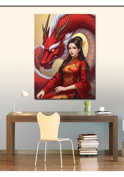 Kanvas Tablo Kırmızı Ejderha Ve Kadın 50cmx70cm