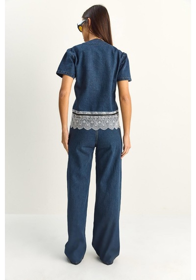 Kadın Dantel Detaylı Kısa Kollu Ceket Wide Leg Denim Pantolon Takım 8211 60286152 - Lacivert Kadın Dantel Detaylı Kısa Kollu Ceket Wide Leg Denim Pantolon Takım 8211 60286152 - Lacivert