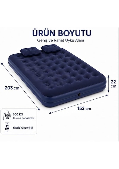 Taşınabilir Çift Kişilik Şişme Yatak + Pompa 203x152x22 Cm Kamp & Misafir Kullanımı Lacivert
