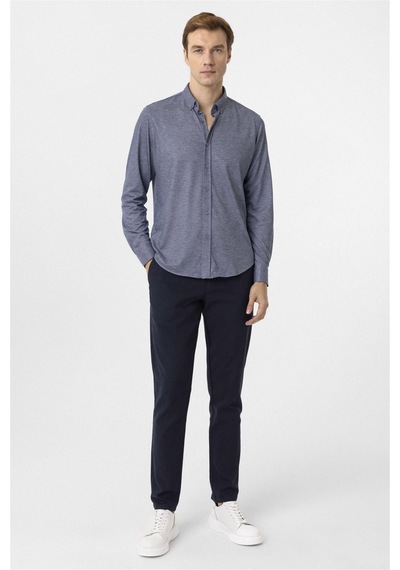 Süvari Lacivert Slim Fit Armürlü Düğmeli Yaka Gömlek-34584 Lacivert