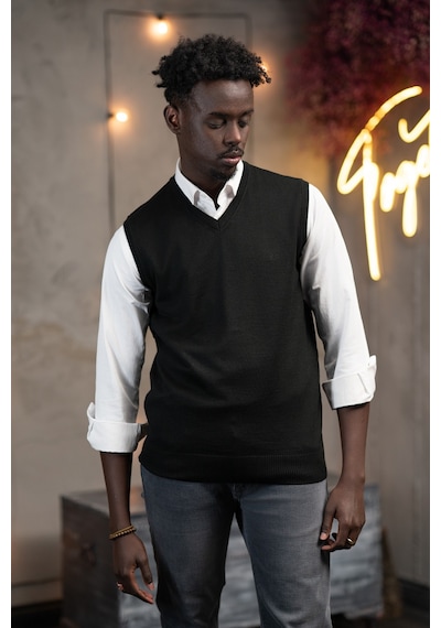 Woolen World V Yaka Regular Fit Yünlü Kolsuz Triko Süveter Siyah