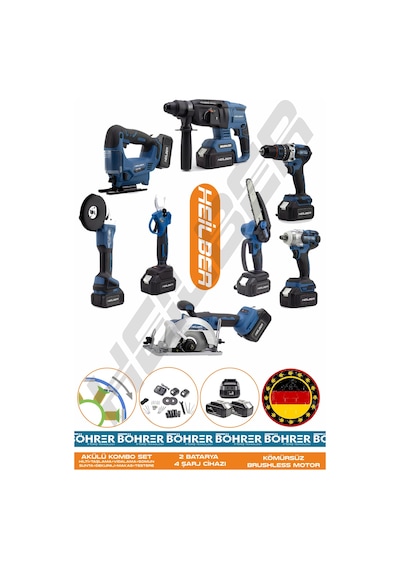 Böhrer Alman 4 Akü 2 Şarj Cihazı V598 Profesyonel 8 Makine Kombo Set + Mavi Çanta
