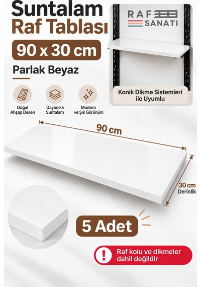 5 Li Set - 90x30 Cm Suntalam Mağaza Rafı Beyaz Geniş Ahşap Raf Tablası Konik Dikme Uyumlu