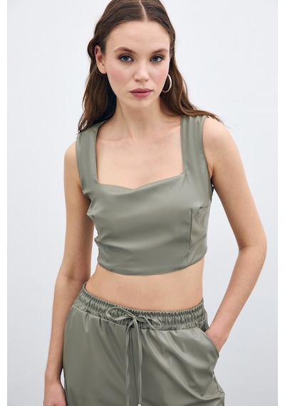 Sateen Kare Yaka Deri Crop - Çağla Yeşili-135669 Çağla Yeşili