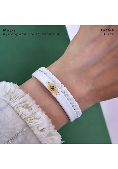 Boğa Burçlarına Oval Motifli Doğal Beyaz Derili 14 Ayar Altın Plakalı Hediye Bileklik-380burç Boğa