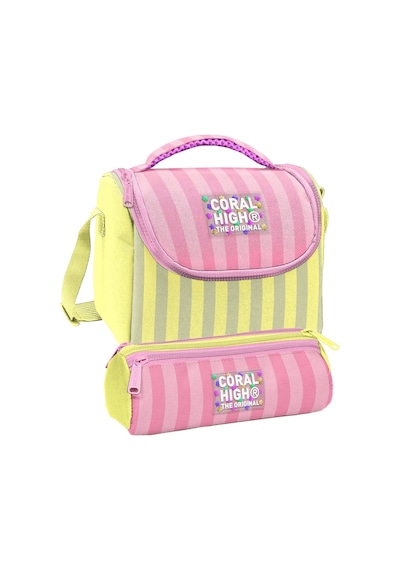 Coral High Beslenme Çantası Ve Üç Gözlü Kalemlik Seti - Sarı Pembe Çizgi Desenli Kız Çocuk 37123 Pembe - Sarı