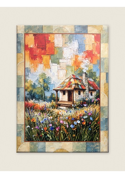 Renkli Bloklar Kenar Detaylı Çiçekli Kır Evi Temalı Dekoratif Ahşap Tablo 52 X 72 Cm