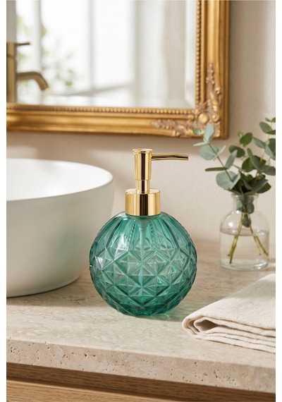 Boby Diamond Küre Cam Sıvı Sabunluk Gold Pompalı Kristal Desenli Dekoratif Banyo Ve Mutfak Dispenseri - 16 Cm X 10 Cm - 500ml - Yeşil