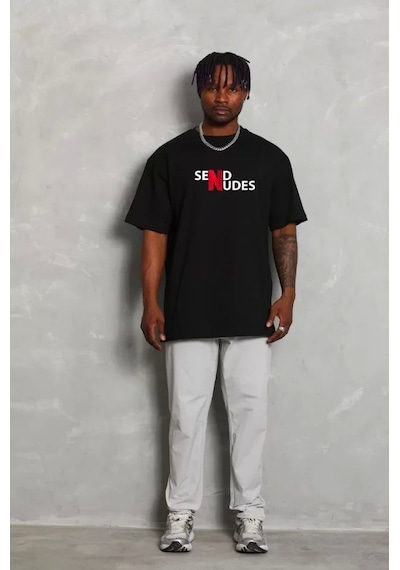 Unisex Bisiklet Yaka Double Oversize Baskılı T-shirt - Siyah Siyah
