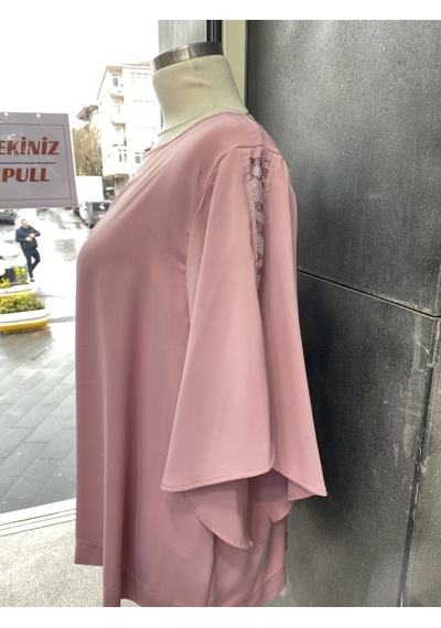 Pera Moda Yanları Boncuklu Zarif Kollu Uzun Oversize Büyük Beden Kadın Gömlek Pudra