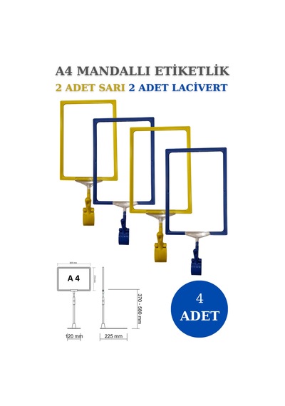 4adet Sarılacivert A4 Mandallı Sepet Etiketi Çerçeveli Etiketlik Sarı Lacivert