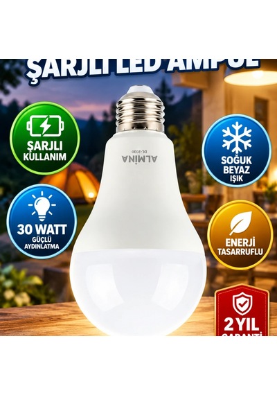 30w Şarjlı Led Ampul E27 Soğuk Beyaz Enerji Tasarruflu Aydınlatma